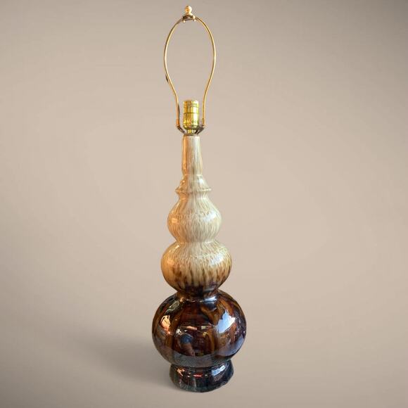 Mid Century Modern Drip Glaze Triple Gourd Table Lamp- Brown & Tan w drum shade - Picture 5 of 8